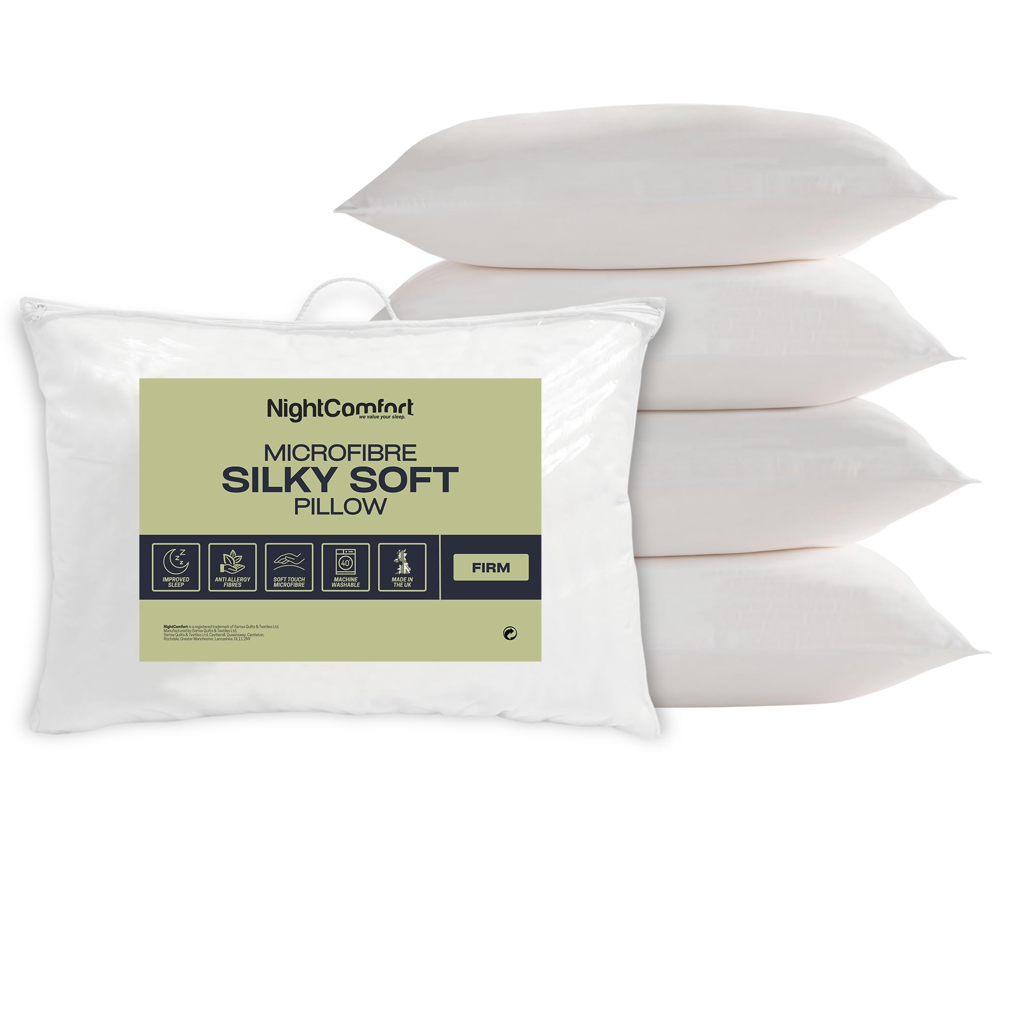 Night Comfort Pack Of 4 Silky Soft White Pillow - Hypoallergenic Firm Support, Microfibre Pillows For Side Sleepers, Filled With Bouncy Hollowfibre, Big Pillows For Bed (, Firm Support)