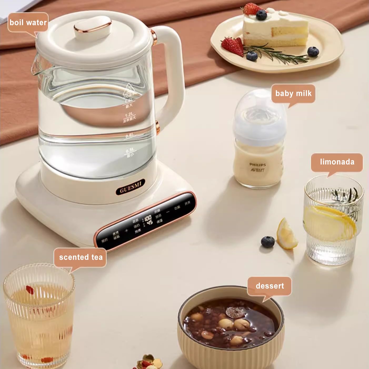 Bollitore Elettrico, Bollitore da tè Portatile da 1,5 L, Scalda tè con Acqua Calda Bollente in Vetro in Acciaio Inossidabile Touch Screen Intelligente, 6 Opzioni di Cottura Bollitore da tè Nutriente