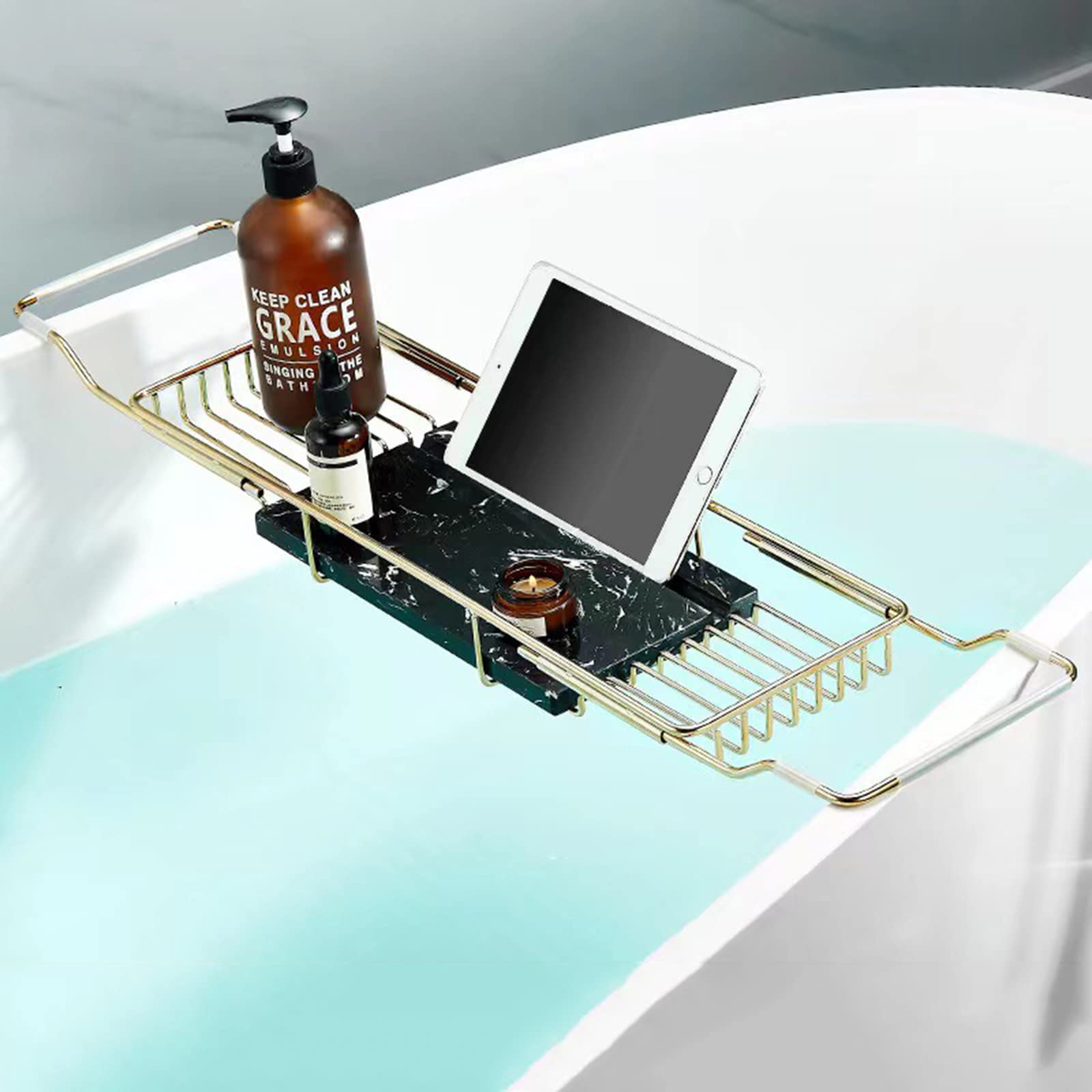 JKJZSALJ Stainless Steel Bathtub Caddy Tray With Non Slip Grip Expandable Bath Tub Racks And Shower For Most Tubs,Gold-3