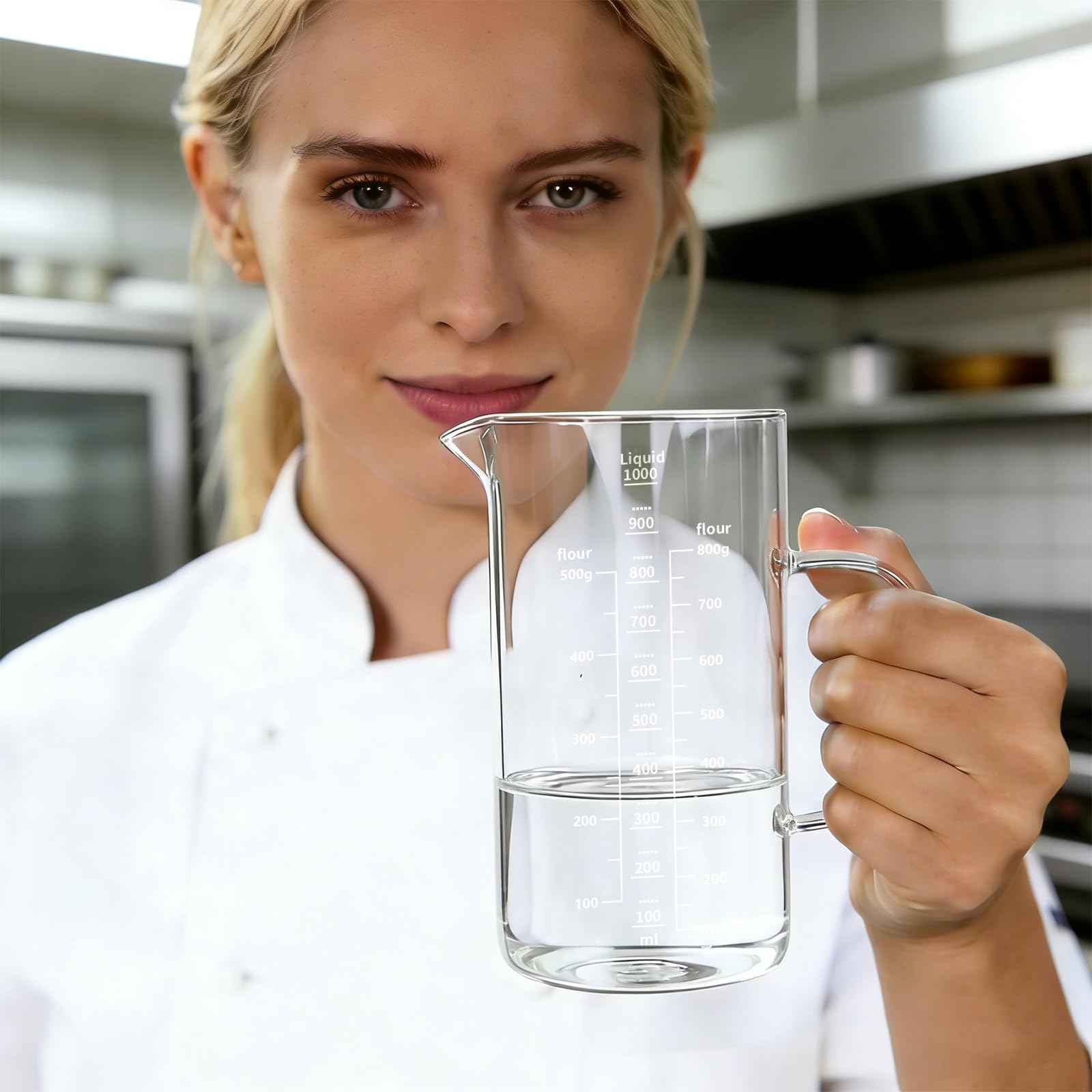 Jarra Medidora de Vidrio, 1000ml, Diámetro 9.5cm x H 17.5cm, Con Asa Incluida, Vaso Batidora Cristal, Vaso de Vidrio Resistente al Calor, Apto para Lavavajillas, para Cocina, Laboratorio