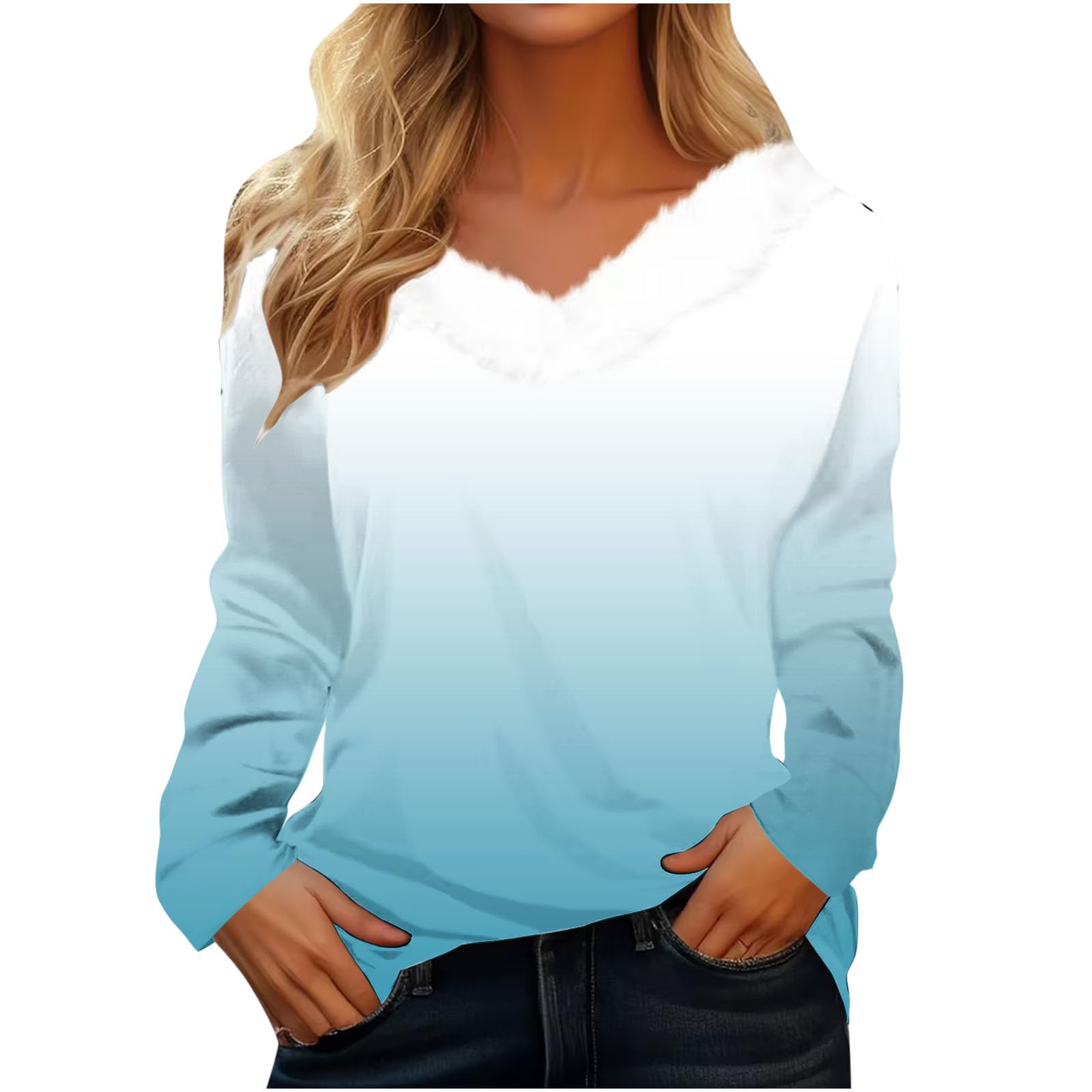 Womens Faux Fur Collar Tops Floral Print Oversize Casual Tunci Tops Long Sleeve V Neck Fashion Shirts Loose Fit Comfy Fluffy