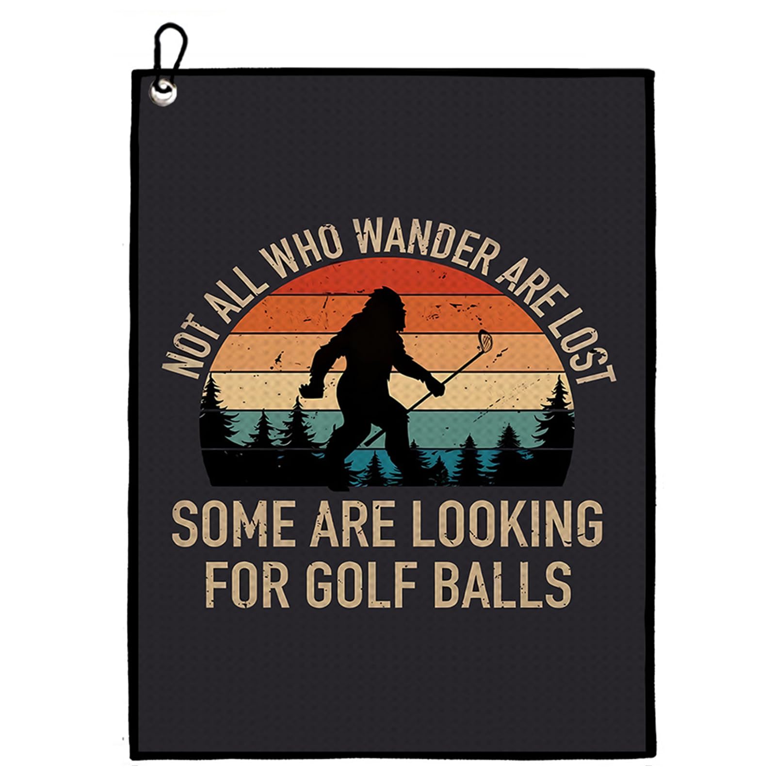 Golf Towel 40x60cm - Microfiber Waffle Pattern Golf Towel with Aluminum Carabiner, "Not All Who Wander Are Lost (Looking For Golf Balls)" Retro Bigfoot Design, Golf Bag Accessories Gift for Golfers