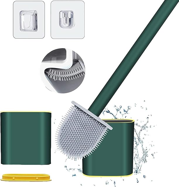 NEWUPZSI Toilet Brush and Holder,Silicone Toilet Brush and Holder Set(Flooring/Wall Mounted),Silicon Toilet Brushes with Base for Anti-drip,Suitable for bathroom and toilet (Green)
