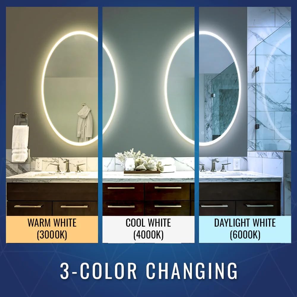 LEDMyplace 24 x 36 Inch Oval LED Lighted Bathroom Vanity Mirror, 3000/4000/6000 CCT Changeable & Remembrance, Anti-Fog, CRI 90+, Touch Switch,1980 Lumens, 57 Watt, Defogger, Lunar Style Mirror