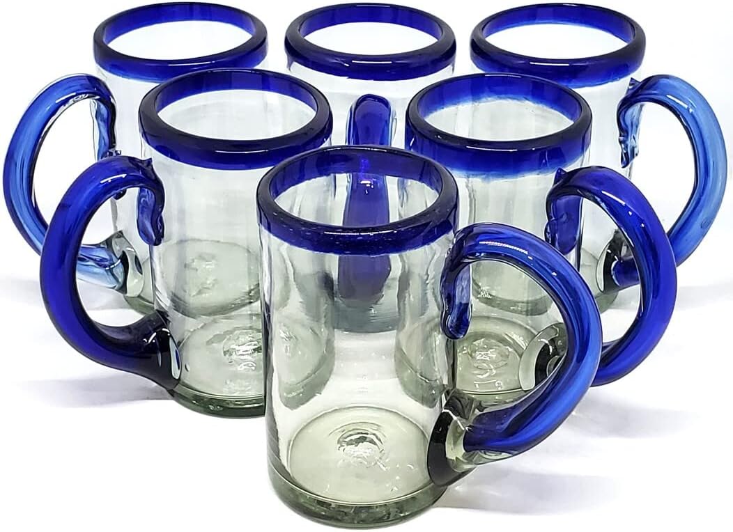 Cobalt Blue Rim 14 oz Beer Mugs (set of 6), Recycled Glass, Lead-free, Toxin-Free (14oz Mug)
