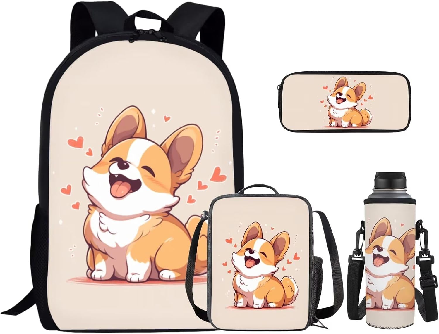 Ystardream Smile Corgi Backpack and Lunch Bag Set for Kids School Bags - Middle Elementary to Teen Girls - Includes Pencil Case and Water Bottle Sleeve