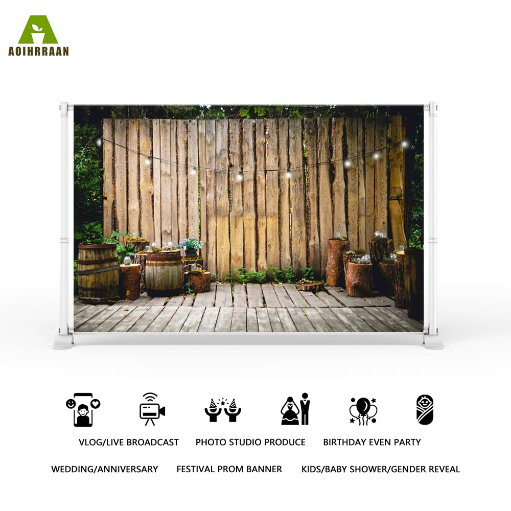 Aoihrraan 3,5x2,5m Rustique Bois Mur Fond Rayé Bois Mur Plancher Barils Scintillement Lumières Photographie Fond Mariage Bal d'étudiants en Plein air Fête Enfants Adultes Portrait Photo Accessoires