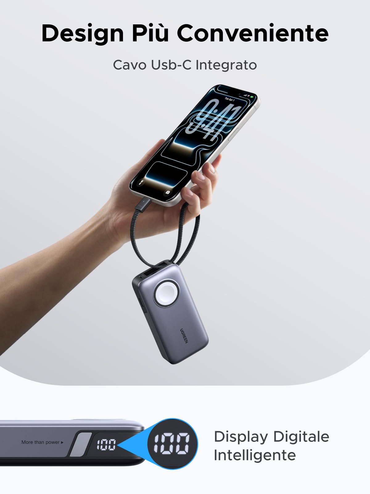 UGREEN Nexode 30W Power Bank 10000mAh Caricatore Portatile Ricarica Rapida | 4 IN 1, Cavo USB C Integrato, 2 Porte 1C1A, Ricarica Magnetica 5W per iWatch, Compatibile con iPhone 17 16 14 Galaxy S26 S25