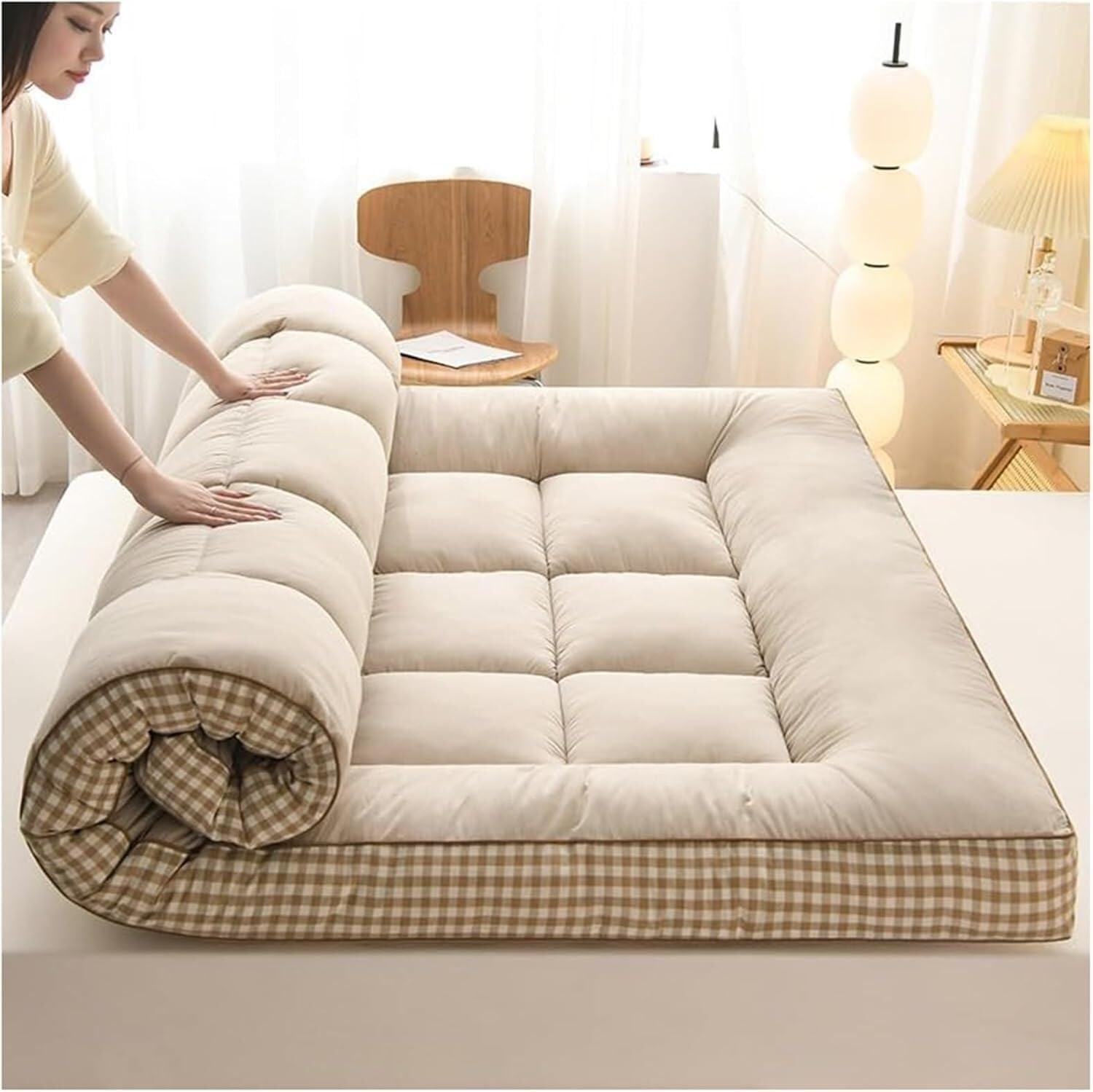 Japanische Boden-Futonmatratze, Verdickter Klapp-Futon, Twin/Full/Queen, Schlafsofa, Faltbares Roll-Up-Gästebett, Tragbare Campingmatte, Isomatte, King(Khaki,35.4"x79")