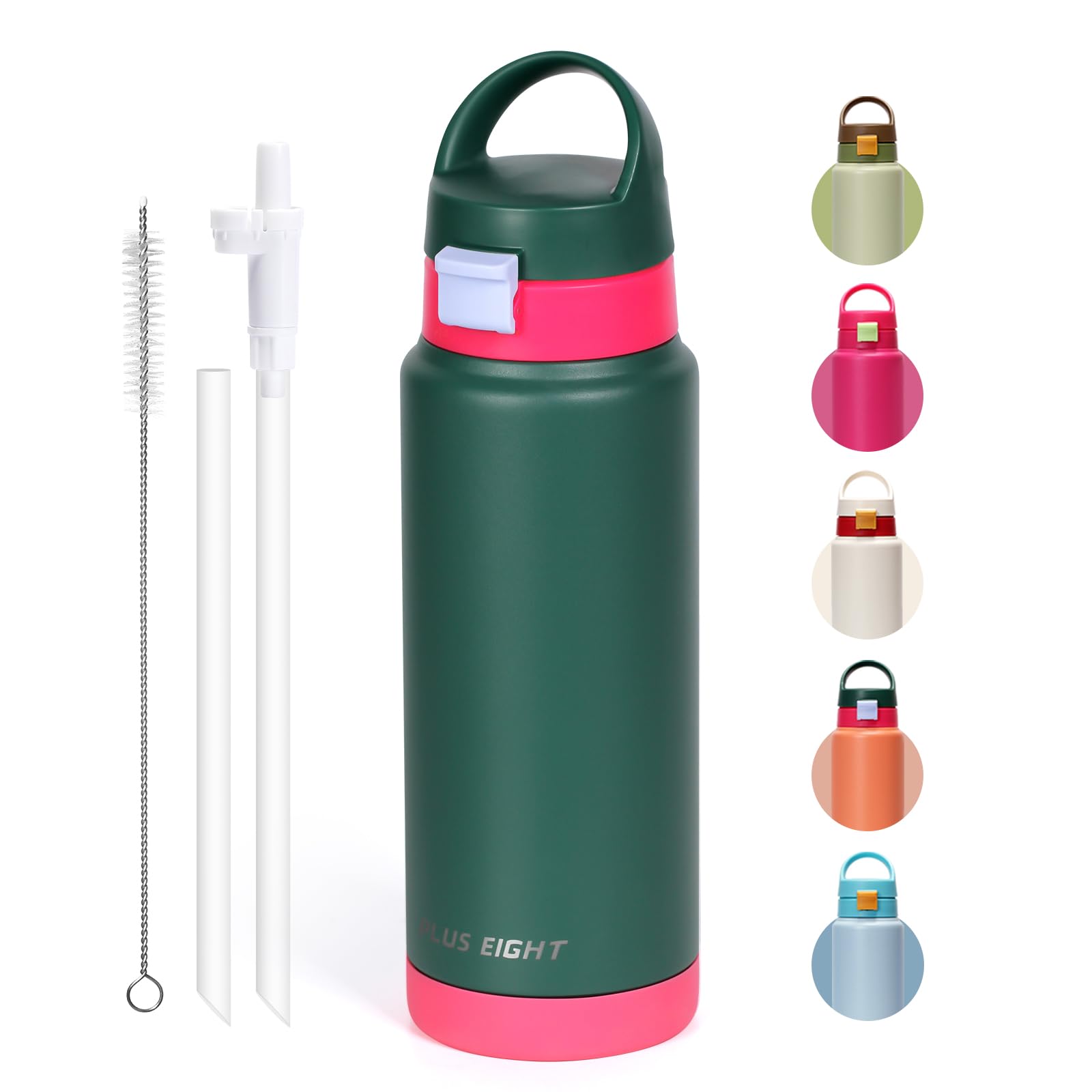 pluseight Water Bottle with Straw Lid, 750ml Vacuum Insulated Water Bottles, Stainless Steel Water Bottle Wide Mouth for Sports, Gym or Office, BPA-Free Keep Cold 24H Hot 12H (Green)