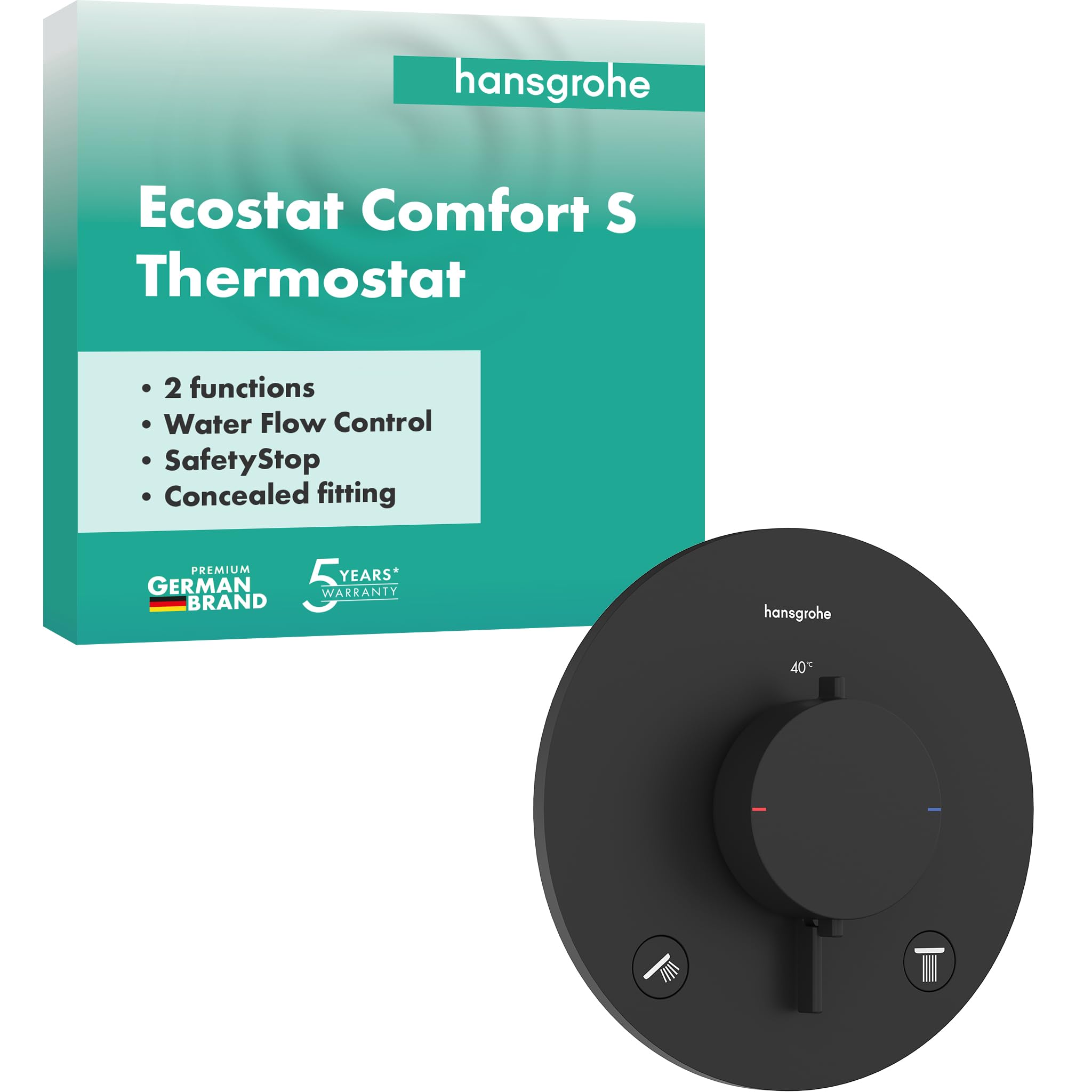 hansgrohe Ecostat Comfort S - Duschthermostat Unterputz, Duscharmatur mit Sicherheitssperre (SafetyStop) bei 40° C, Thermostat für die Dusche, Mischbatterie für 2 Verbraucher, Mattschwarz, 33715670
