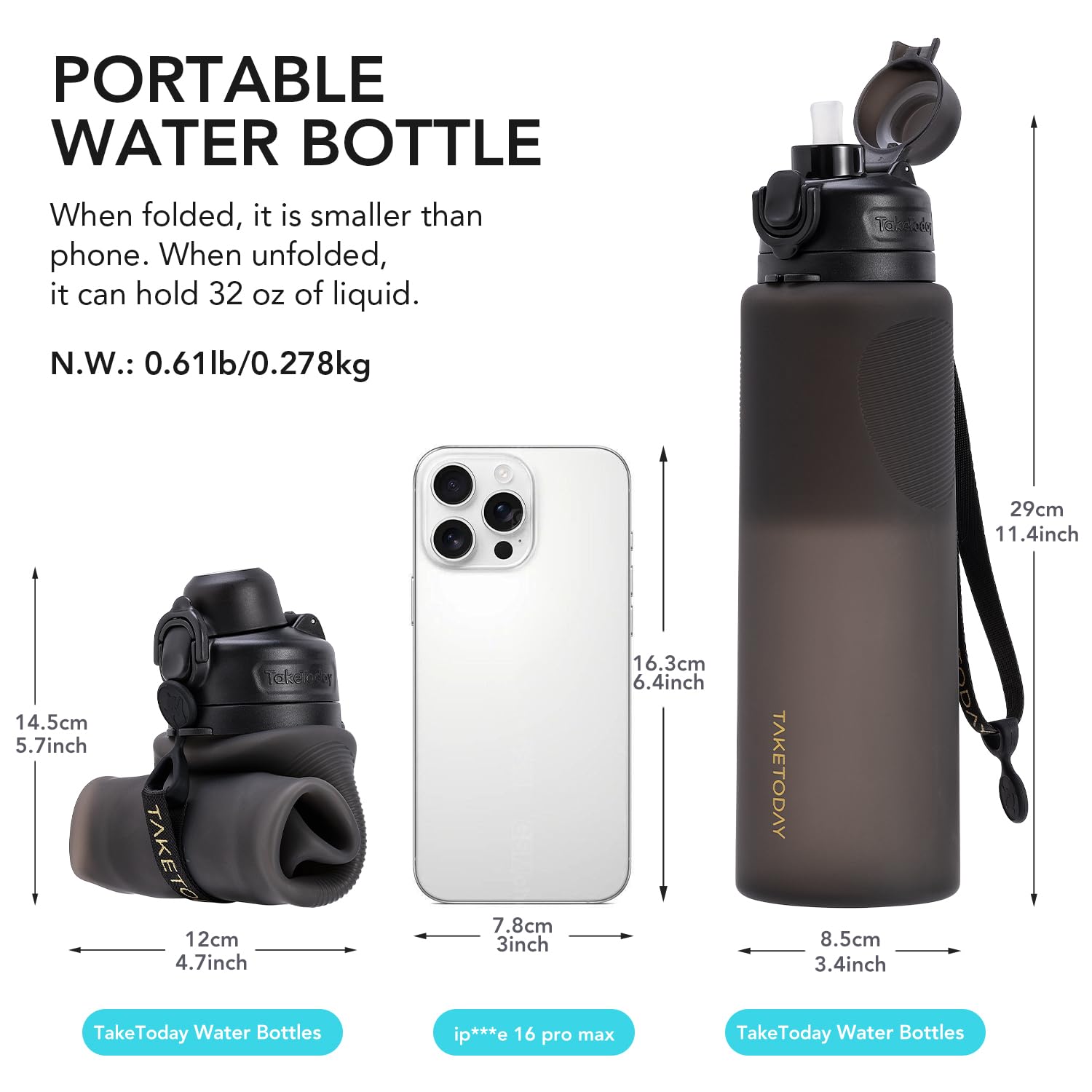 TakeToday Faltbare Reise-Wasserflasche mit Strohhalm, BPA-frei, Silikon, auslaufsicher, für Wandern, internationale Reisen, Outdoor, 900 ml, Blau