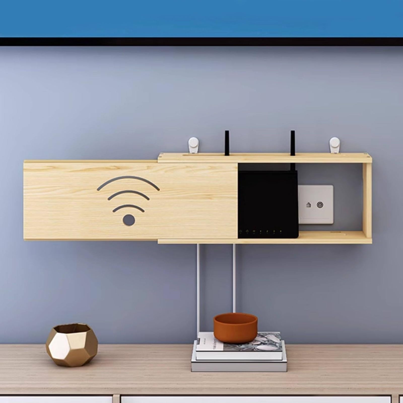 Boîtier de gestion de câbles caché pour routeur WiFi, support mural en bois pour modem, décodeur, multiprise, cordons – Idéal pour le salon, le bureau, la chambre à coucher