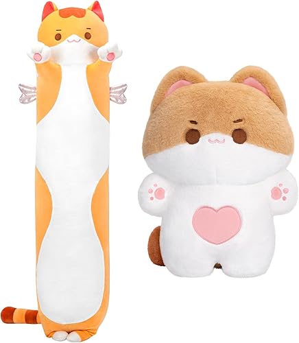 Peluche largo de gato + juguetes de peluche de gato marrón, almohada de peluche de gato marrón de 20 pulgadas + almohada de felpa Kawaii de 18