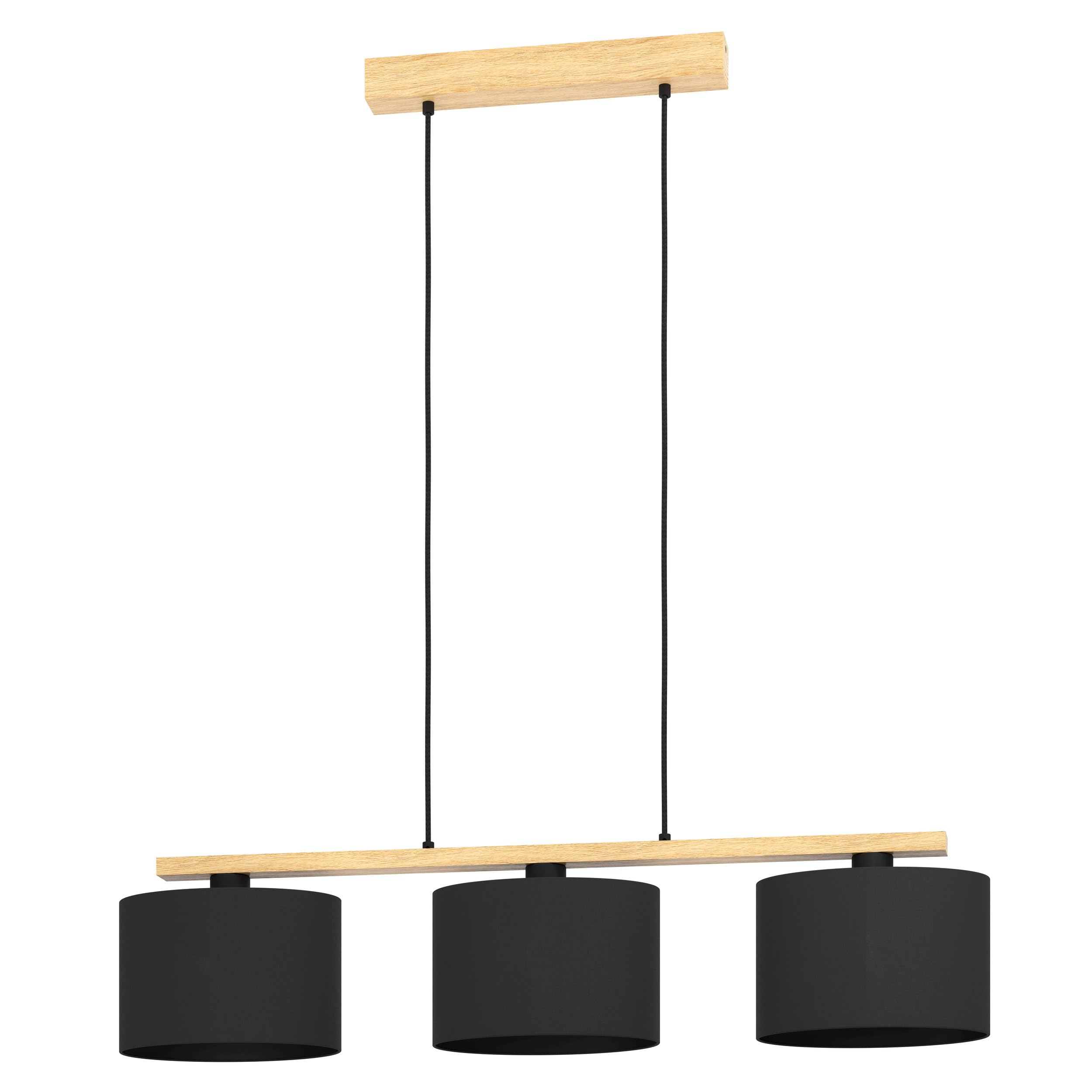 Eglo Suspension luminaire Castralvo, lustre à 3 lampes pour salon et salle | à manger, lampe de plafond suspendue en bois naturel et tissu noir, FSCM70HB, douille E27