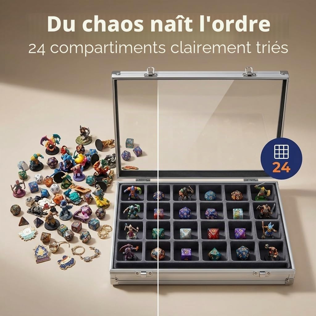 SAFE 5881 Vitrine de collection en aluminium | Casier à 24 compartiments pour minéraux, figurines, pierres, etc. | 395 x 300 x 65 mm | Avec couvercle transparent & fixation murale