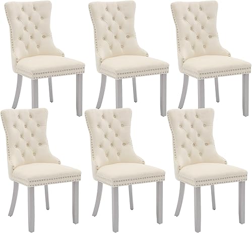 Miniatura 47 de Juego de 4 sillas de comedor de terciopelo beige, sillas tapizadas modernas para comedor con respaldo capitoné y acentos de madera, patas curvas de