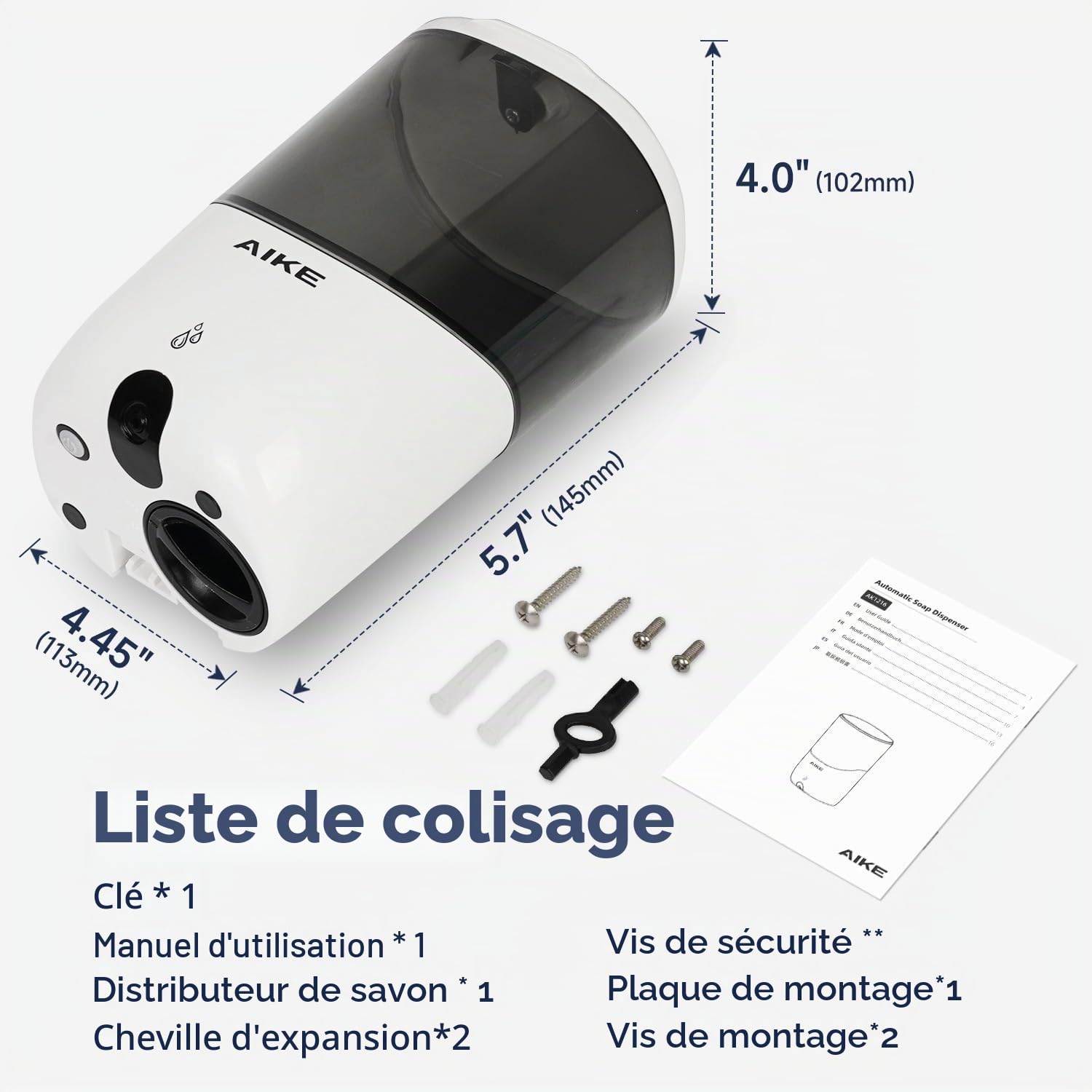 AIKE Distributeur de Savon Automatique Mural, Distributeur de Savon Blanc sans Perçage, Distributeur de Savon Liquide pour Salle de Bain et Cuisine, Modèle AK1216