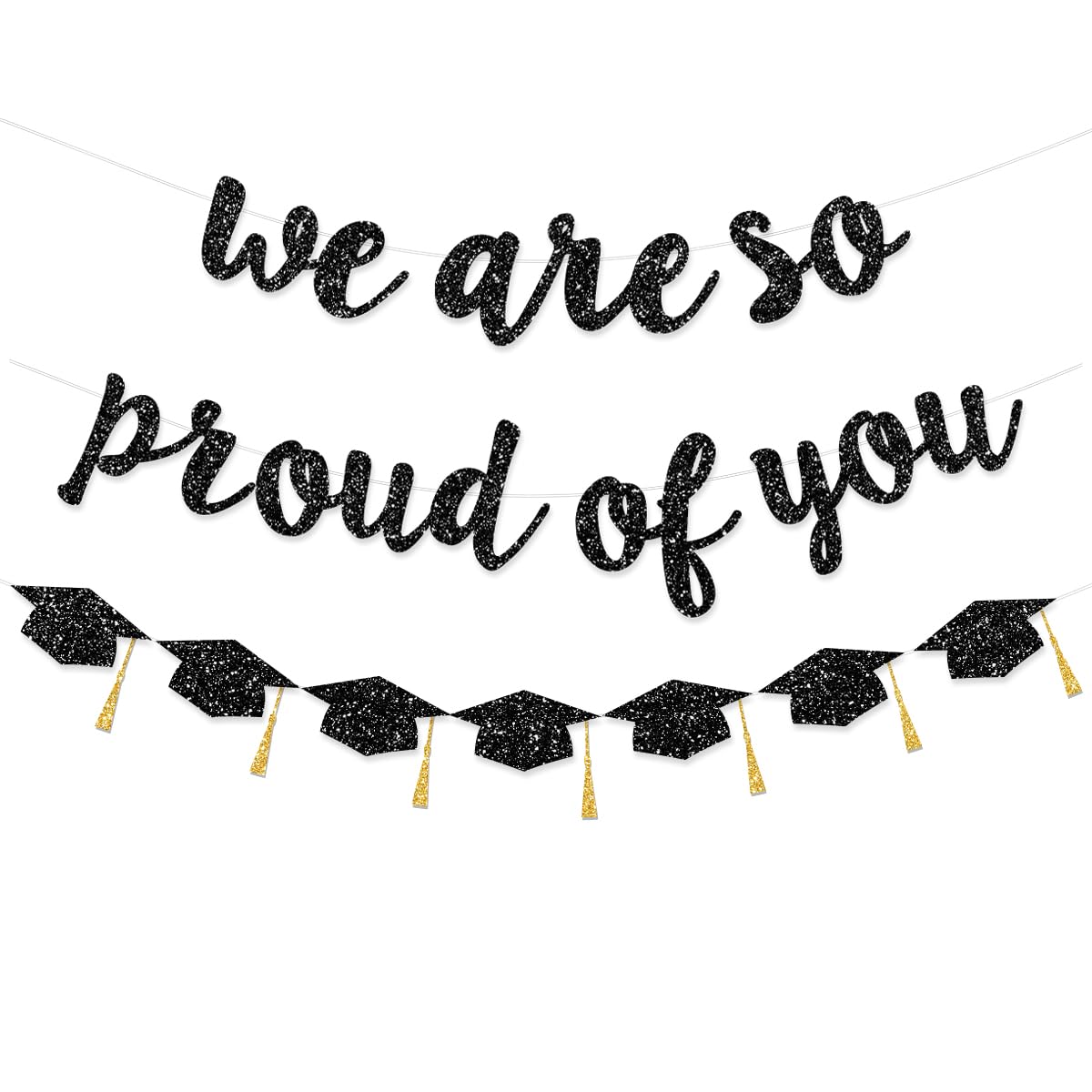 FHGG Pre-Strung 2026 Graduation Decorations Banners We are So Proud of You College Congratulations Black Glitter Congrats Grad Garland for Graduation