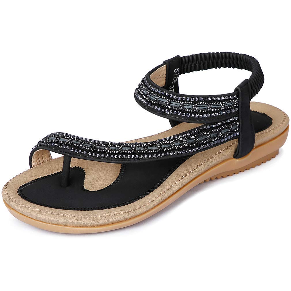 Amissz Damen Sandalen Frauen Bohemian Strass Sandals PU Leder Elastischen Strand Schuhe Zehentrenner