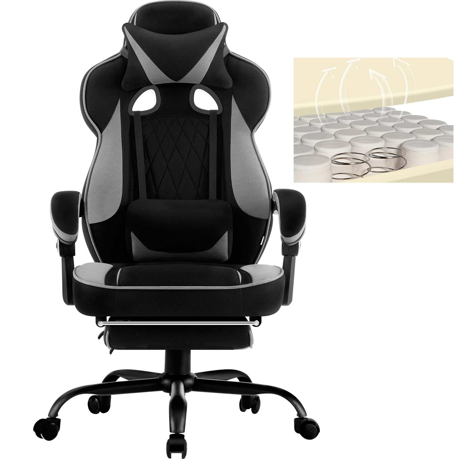 WOLTU Silla Gaming en Tela Transpirable, Ergonómica Silla Gamer con Reposapiés, Sillón Giratorio Videojuegos, Silla Oficina con Asiento Ancho y Cómodo para Personas Grandes, Negro+Gris