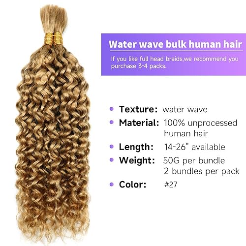 Miniatura 2 de Cabello humano para trenzar, ondas de agua, cabello humano a granel para trenzar, 3.53 oz (1 paquete-2 paquetes), sin trama, 100% sin procesar,
