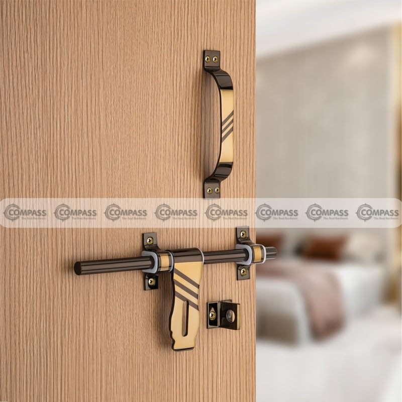 Image of COMPASS Flower Stainless Steel Heavy Single Door Fitting Accessories Full Set /Kit (1 Aldrop, 1 Latch, 2 Handles, 1 Tower Bolt and 1 Door Stopper | 10 inch | Vintage Finish