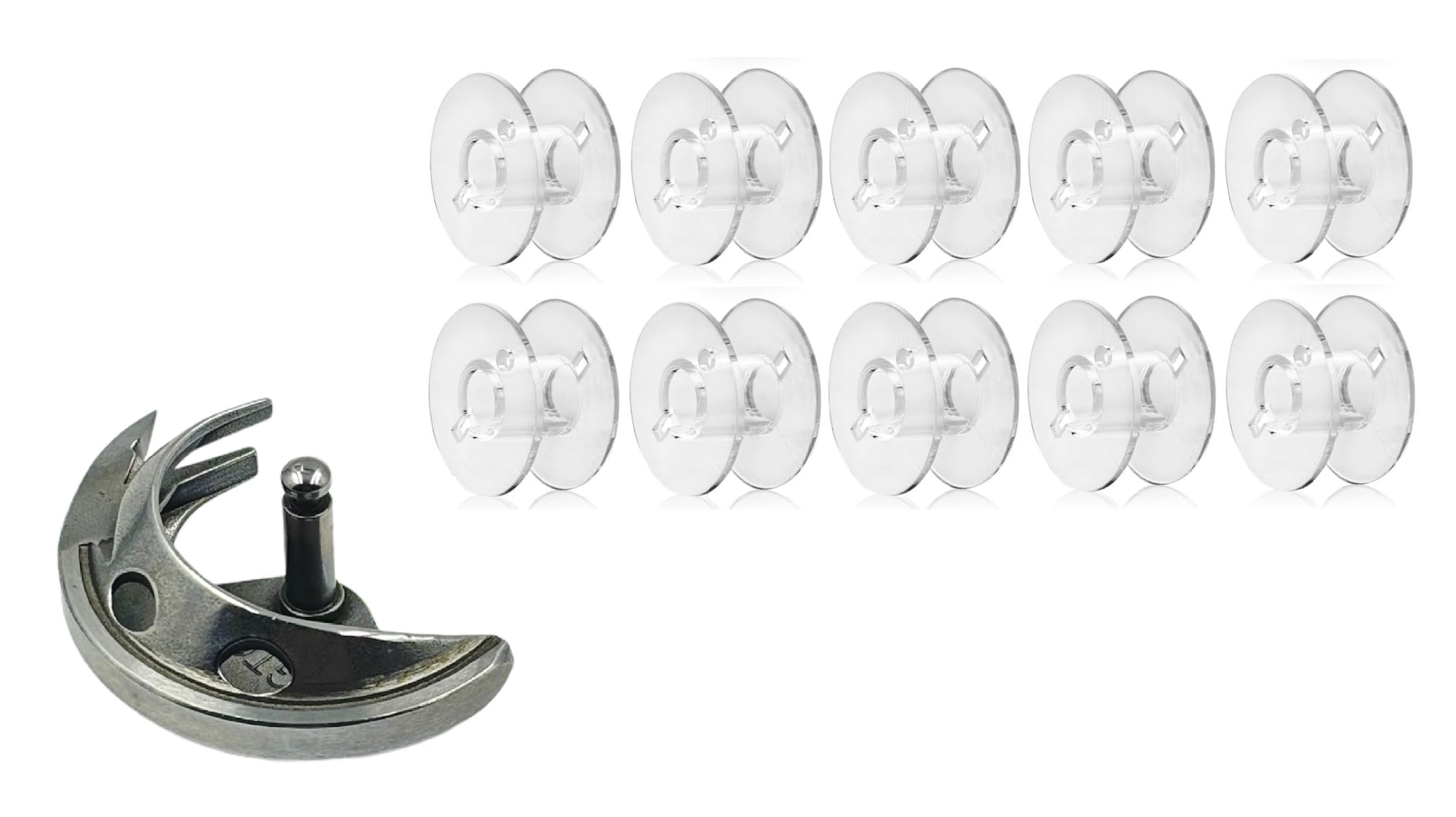 Zenith 10 pc Plastic Bobbins & Shuttle for All Domestic Automatic Sewing Machine Like Usha janome Singer, Embroidery Machines. White Steel (Shuttle + 10 Plastic Bobbin)