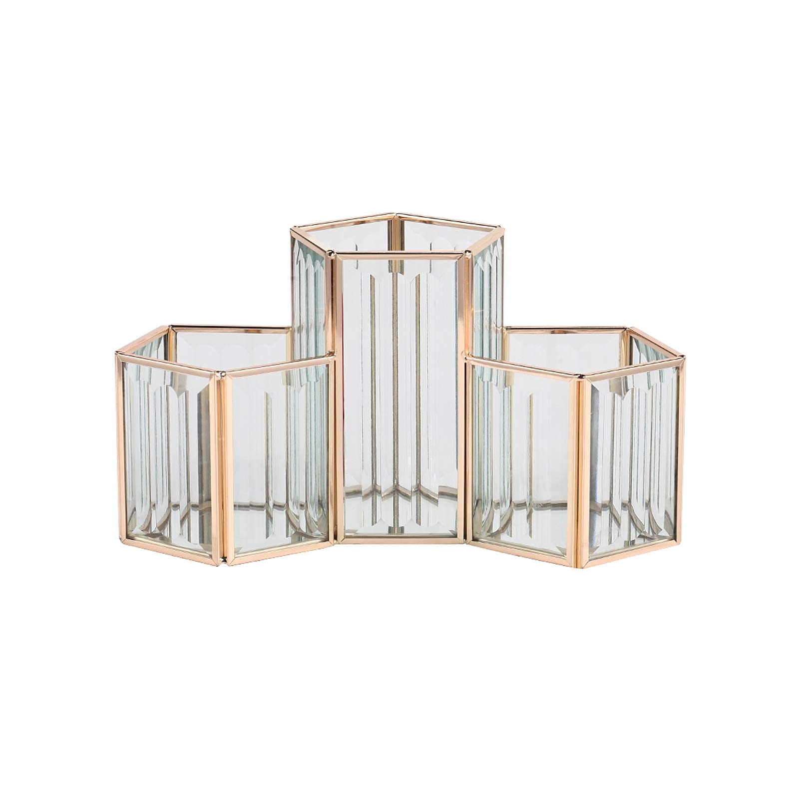 BERTY·PUYI Portapennelli per Trucco Organizer per Cosmetici in Oro - Organizer per Pennelli per Trucco Vintage - Porta Pennelli per Trucco in Vetro di 3 Slot Scatola Portamatite per Sopracciglia