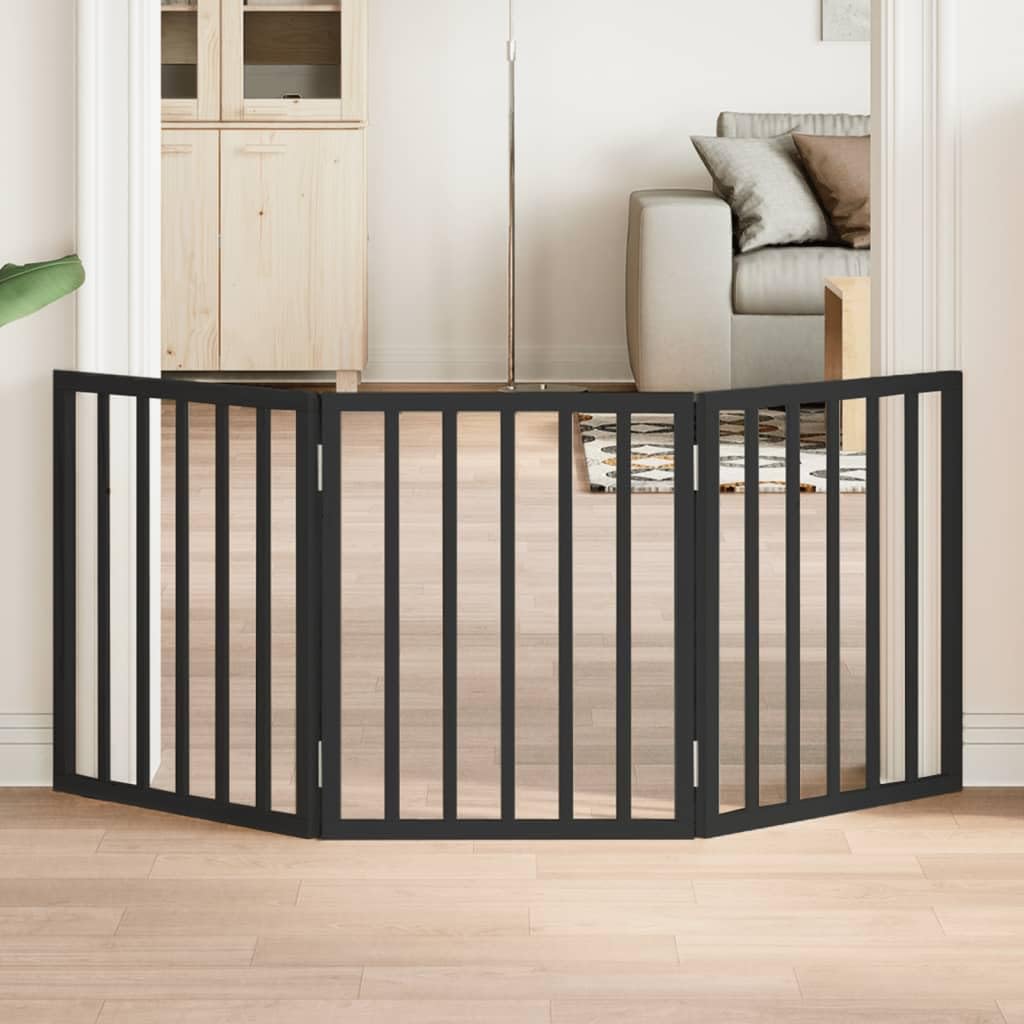 Puerta plegable para perros de 3 piezas, color negro, 150 cm, de madera de álamo, para interior y exterior, barrera portátil, protección segura para cachorros, valla resistente a la