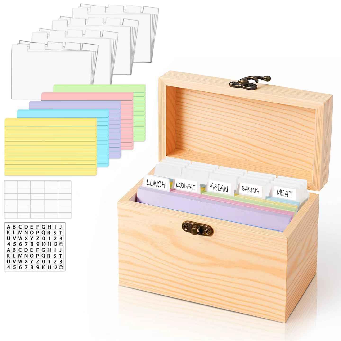 MOBYKE Index Card Holder 4x6, 100 Pcs Heavy-Duty Index Card Business Card Organizer Wooden Recipe Box with Dividers Flash Card Holder with 30 White