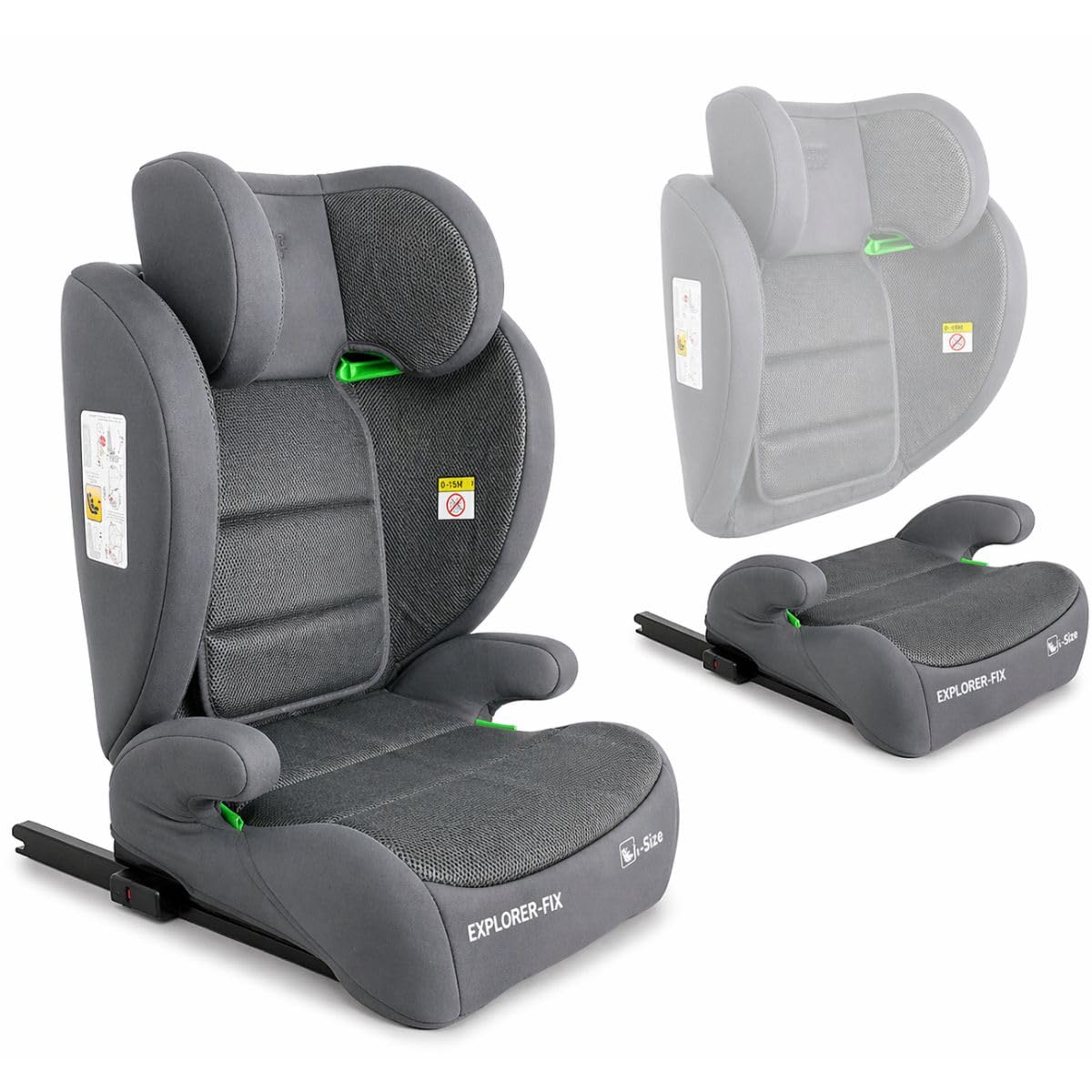 First Step Explorer Fix Silla Coche Niño i-Size (100-150 cm), Grupo 2/3 ISOFIX, Reposacabezas 13 Posiciones, Reclinable, Protección Lateral SPS, De 3,5 a 12 Años, Convertible en Alzador, Gris