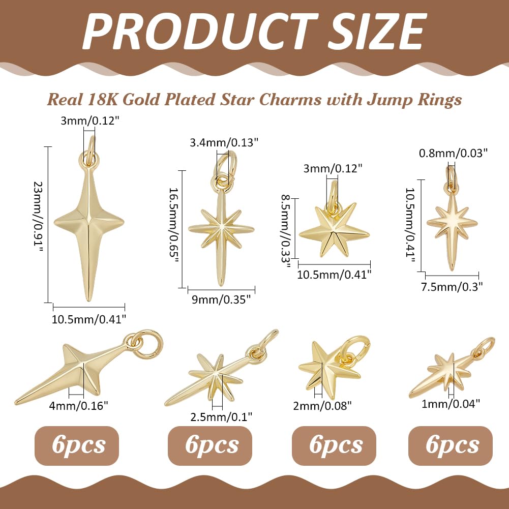 24 colgantes de estrella de latón chapado en oro de 18 quilates, diseño de estrella del norte, 4 estilos, con anillo curvado para la fabricación de joyas, manualidades