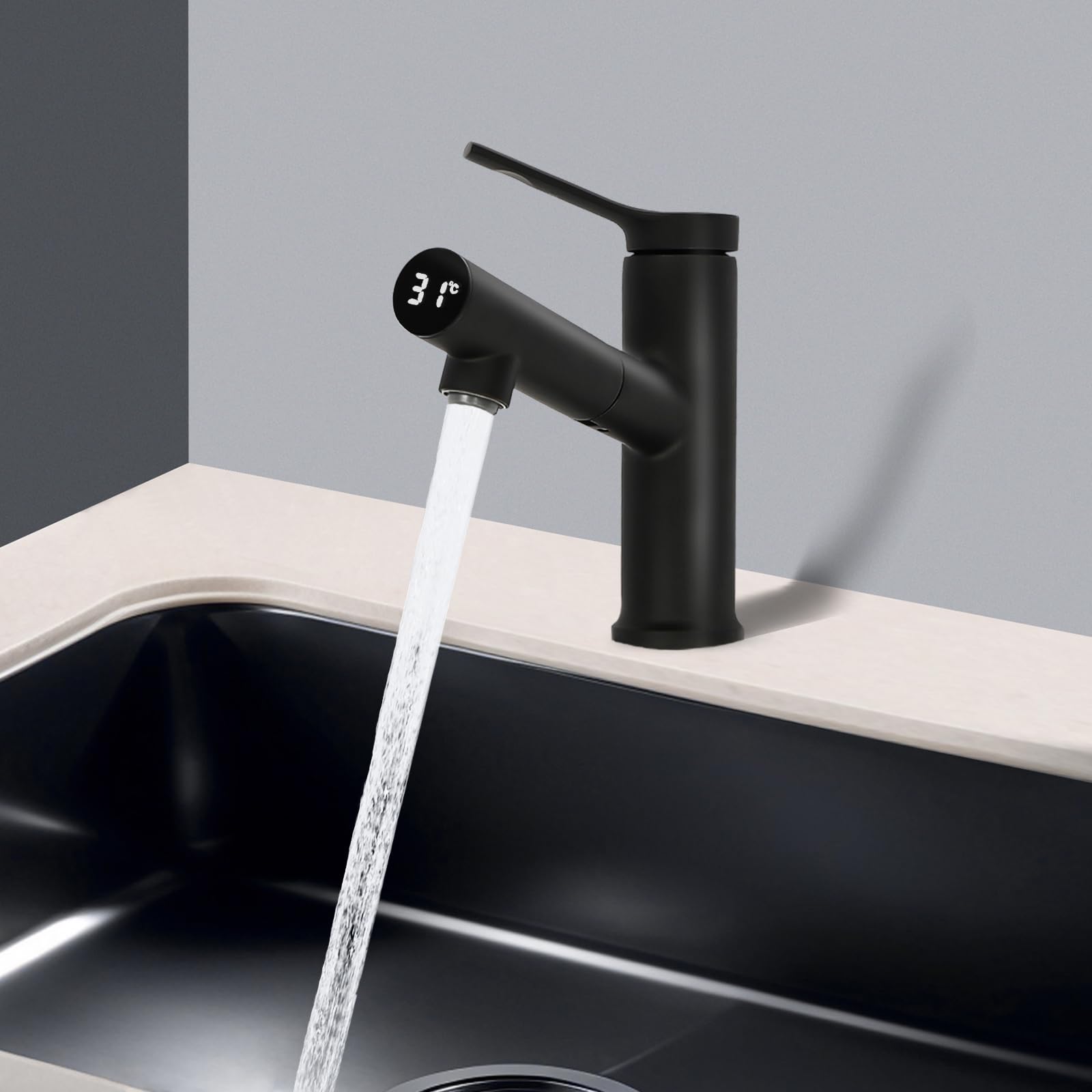 Grifo extensible con indicador de temperatura LED de latón, cartucho cerámico G1/2, monomando para agua fría y caliente, antigoteo para baño, lavabo, cocina, hotel, oficina (negro)