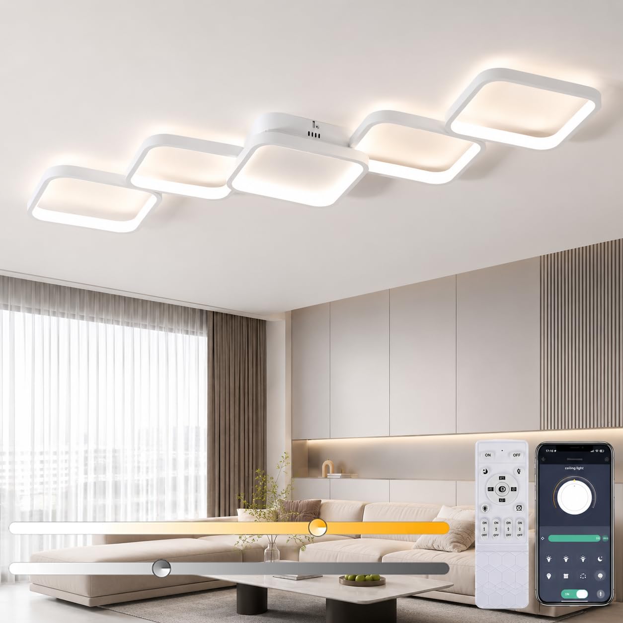 LED Deckenleuchte Dimmbar Wohnzimmer Deckenlampe mit Fernbedienung & App | 54W 5400LM schlafzimmerlampe Memory Funktion/Nachtlicht 106x40cm Modern Design Weiß Wohnzimmerlampe für Esszimmer Küchen Flur