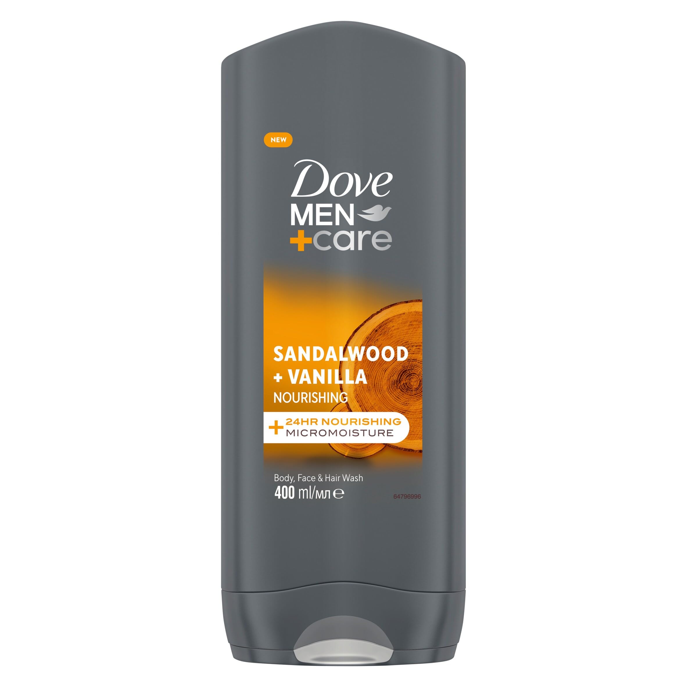Dove Men+Care Sandalwood + Vanilla 3-in-1 Hair, Face and Body Wash Body Cleanser shower gel with MicroMoisture technology for 24 hour nourishment 6x 400 ml