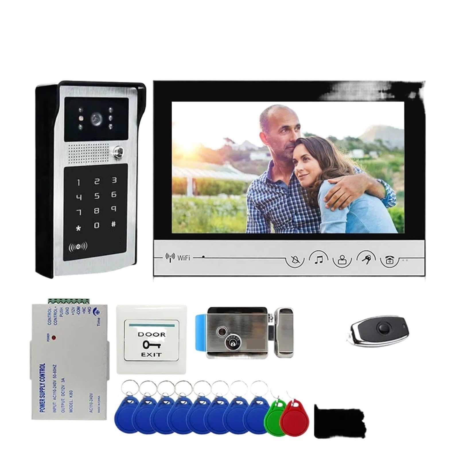Sonnette Vidéo 4 en 1 9 Pouces avec Déverrouillage Wi-FI, Interphone Vidéo, Caméra avec Mot De Passe Et Serrure De Porte À Commande Électrique