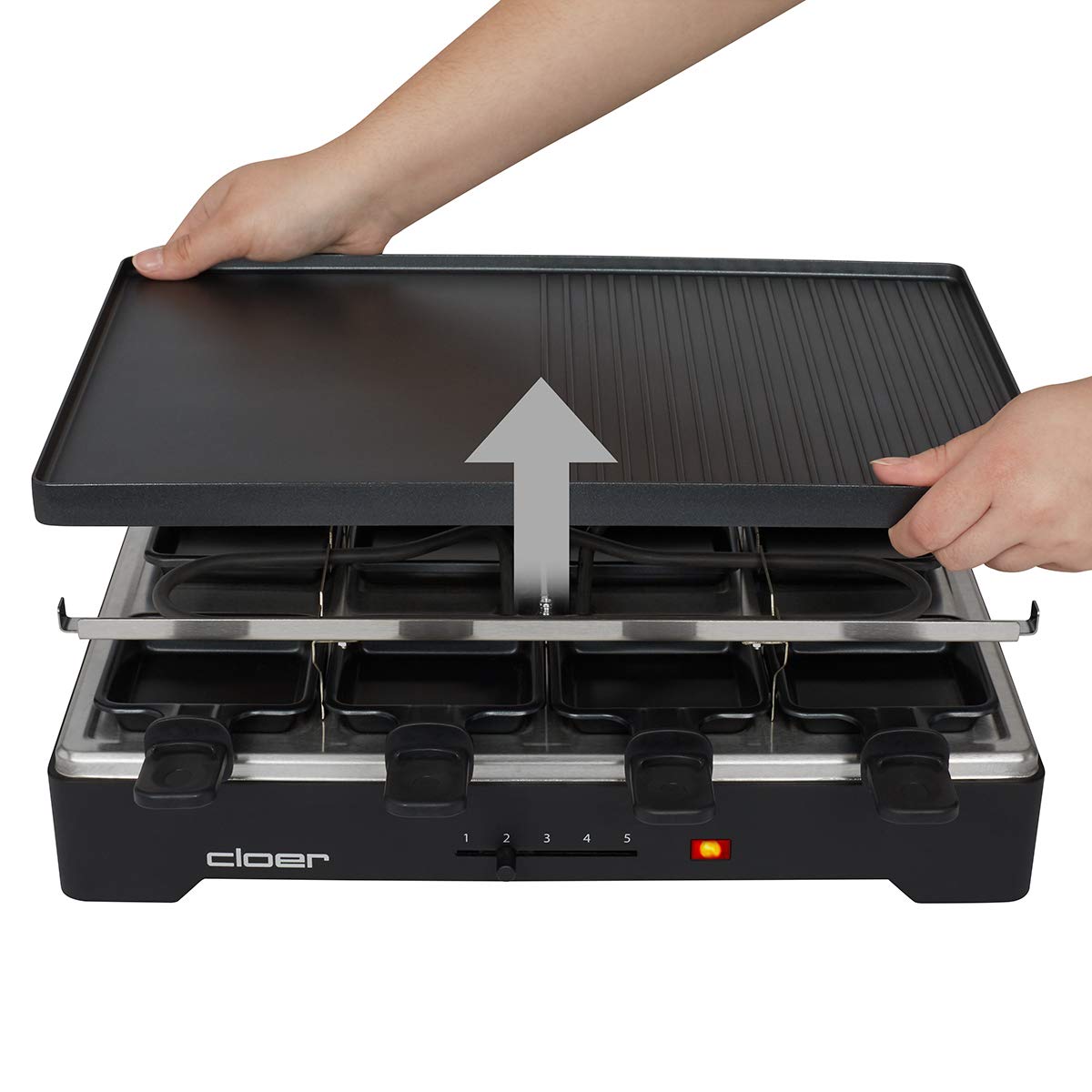 Cloer 6446 Raclette gril avec plaque en aluminium moulé sous pression - utilisable des deux côtés, 8 poêles à raclette à revêtement antiadhésif avec poignées calorifugées, 1200 W, noir