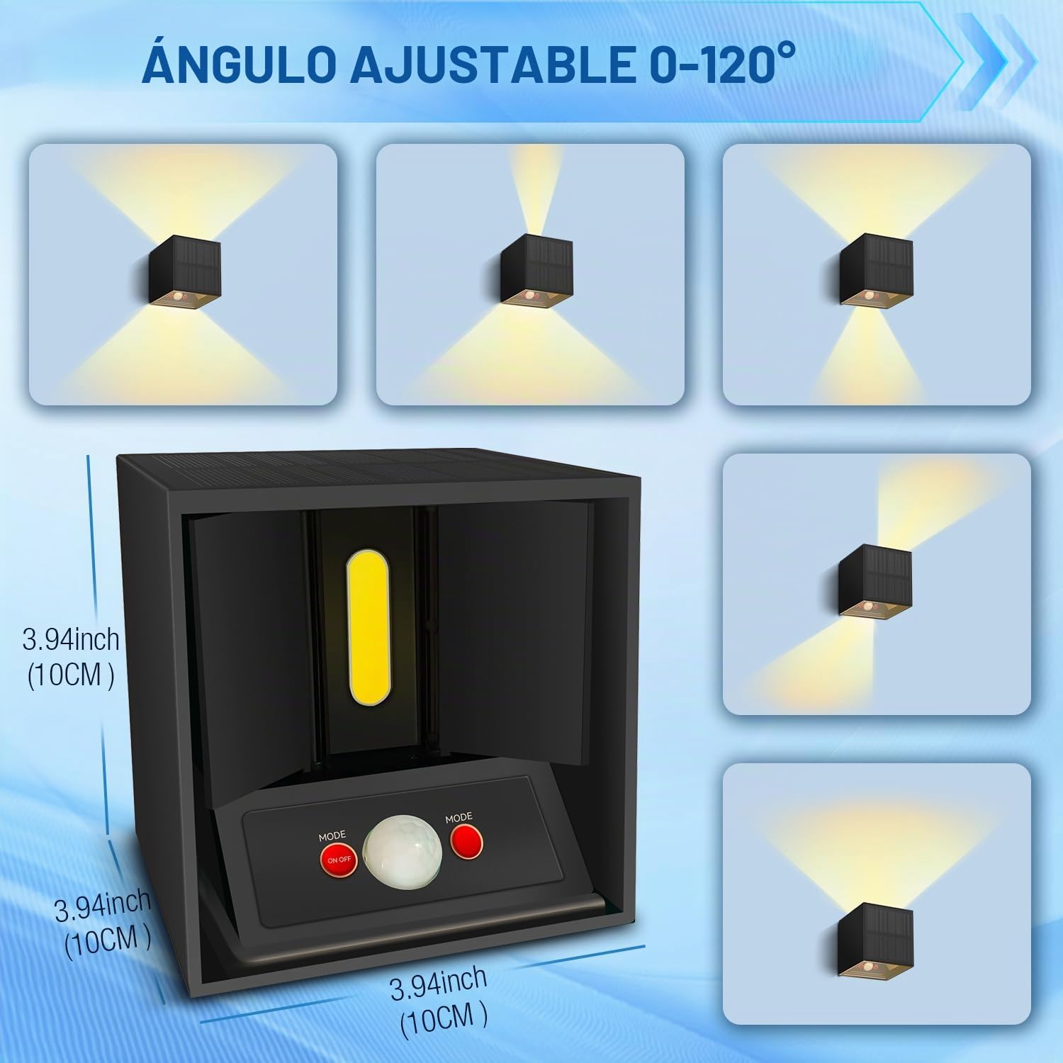 2 Piezas Aplique Solar Pared Exterior, Luz Exterior Solar LED con Sensor de Movimiento Lampara Solars Exterior IP65 Ángulo de haz Ajustable Luz 3 Modos para Jardin Porche Patio