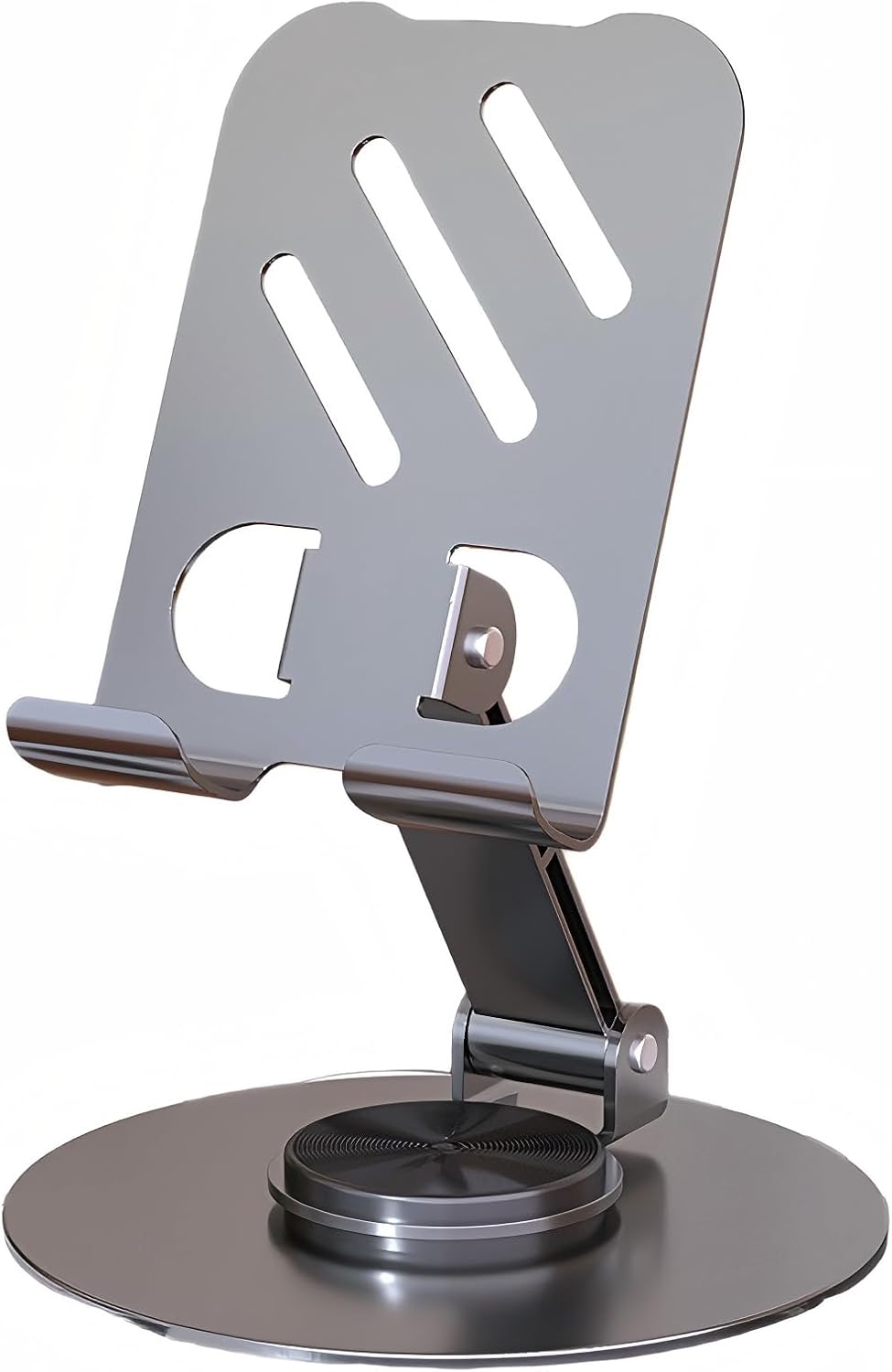 Metal Phone Stand, Adjustable Height and Angle, 360 Degree Rotating Base, Foldable and Portable, Compatible with iPhone 17/16/15/14/13/12 Pro Max and 4-7" Smartphones (Grey)
