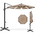 Garvee 10FT Cantilever Patio Umbrella with Solar Lights, 360° Rotation Offset Umbrella, Easy Crank & Tilt Adjustment, UV Protection for Backyard, Poolside, Deck -Tan