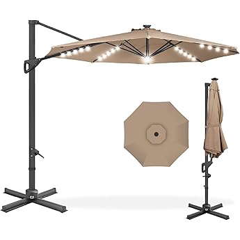 Garvee 10FT Cantilever Patio Umbrella with Solar Lights, 360° Rotation Offset Umbrella, Easy Crank & Tilt Adjustment, UV Protection for Backyard, Poolside, Deck -Tan