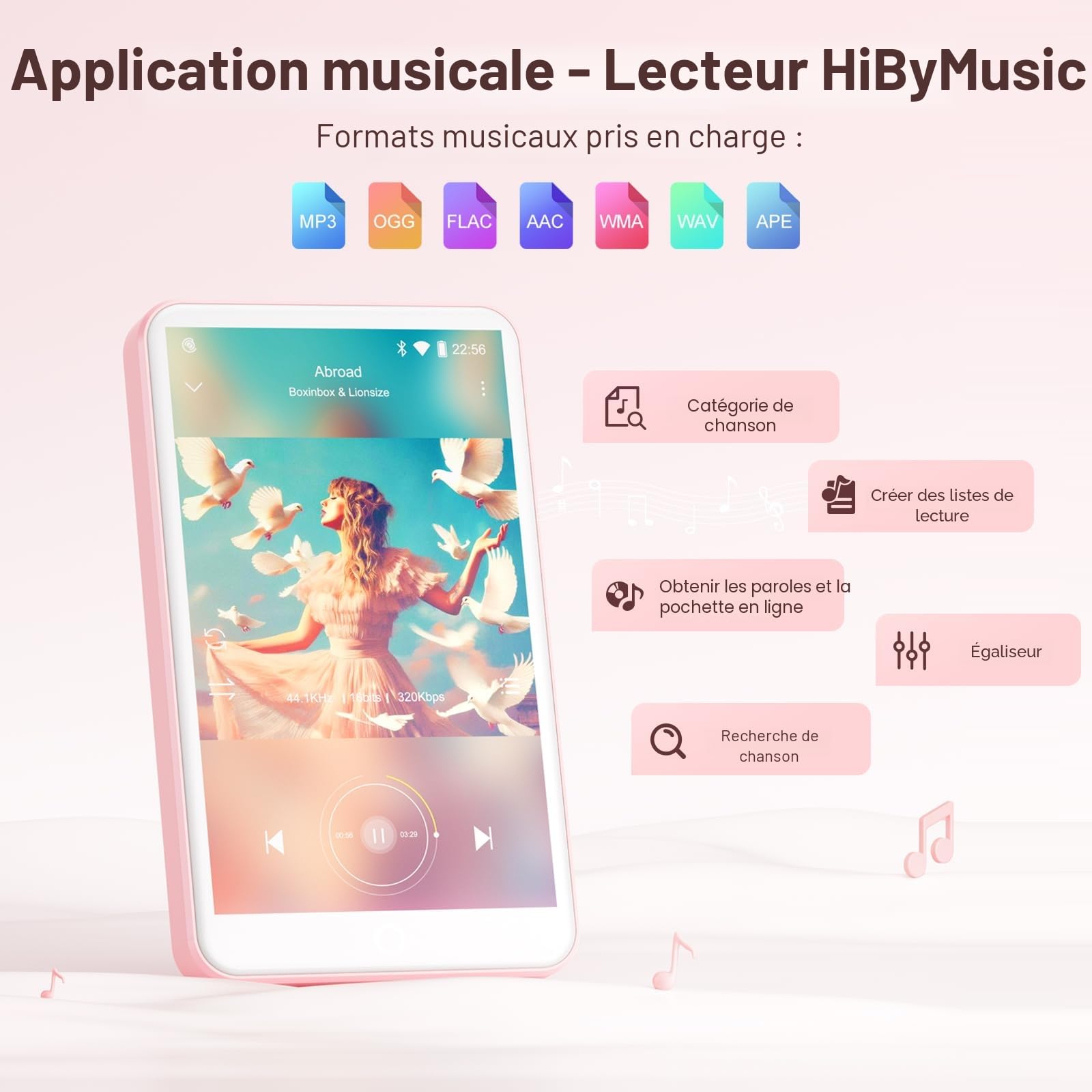 Lecteur MP3 avec Bluetooth et WiFi, Oilsky 80GB 4'' Android 9.0 Lecteur de Musique, MP4 à écran Tactile 1080P, Mp3 Portable avec Spotify, Audible, Deezer (Rose)
