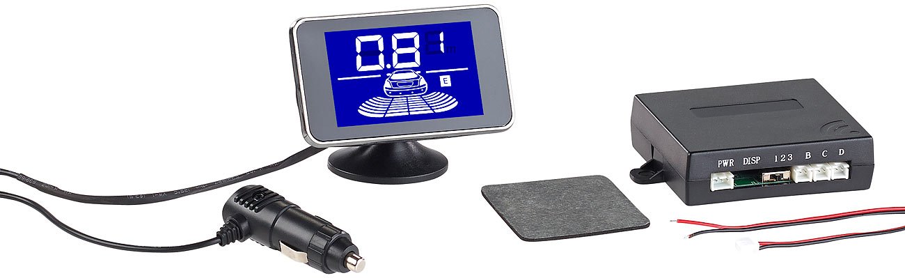 Lescars Rückfahrhilfe: Funk-Ultraschall-Einparkhilfe in Kennzeichen-Halter, mit LCD-Display (Einparkhilfe ohne Bohren, Parksensoren, Kfz)