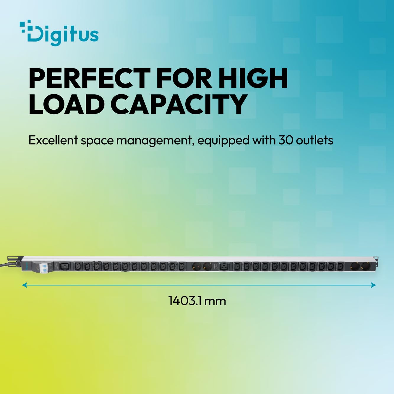 DIGITUS Basis IT PDU – 24 x C13, 2 x C19, 4 x Schutzkontaktsteckdose | 2x Leitungsschutzschalter 16A – 1-phasig 32A – 3 m Zuleitung – IEC 60309 32A Stecker – 8000W