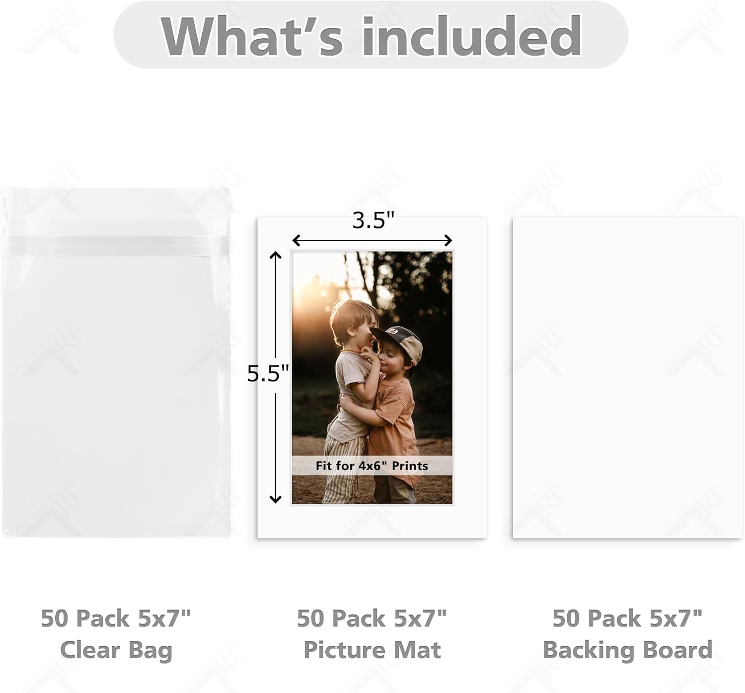 Golden State Art, Pack of 50 White Pre-Cut 5x7 Picture Mat for 4x6 Photo with White Core Bevel Cut Mattes Sets. Includes 50 High Premier Acid Free Bevel Cut Matts & 50 Backing Board & 50 Clear Bags