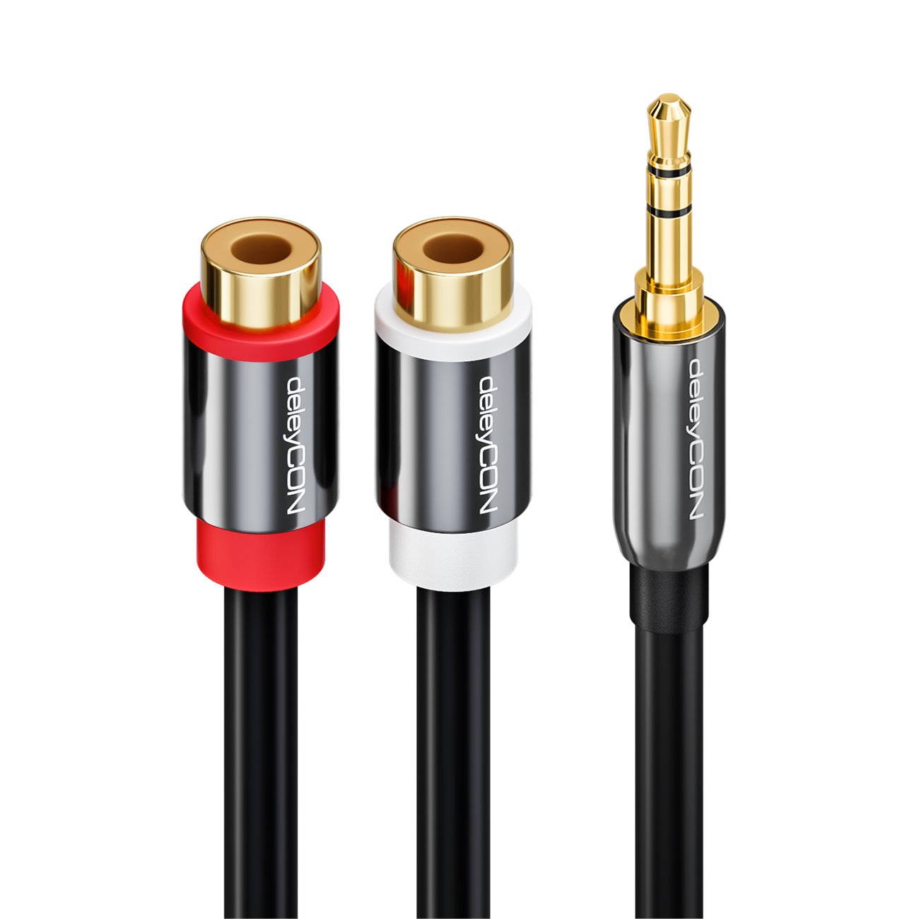 deleyCON Stereo RCA Audio per Adattatore Jack - Connettore Jack 3,5mm a 2x Jack Phono RCA - Nero
