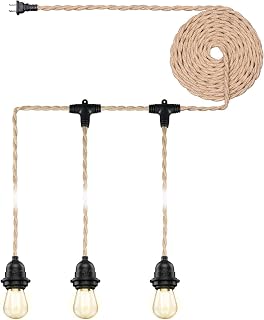 Industrial Triple Ceiling Pendant Light,Vintage Weatherproof Hanging Light Kit Fixture with Plug in Hemp Rope Cord,DIY Outdoor Fireproof Chandelier for garden, backyard,Living Room (UL Listed,E26)