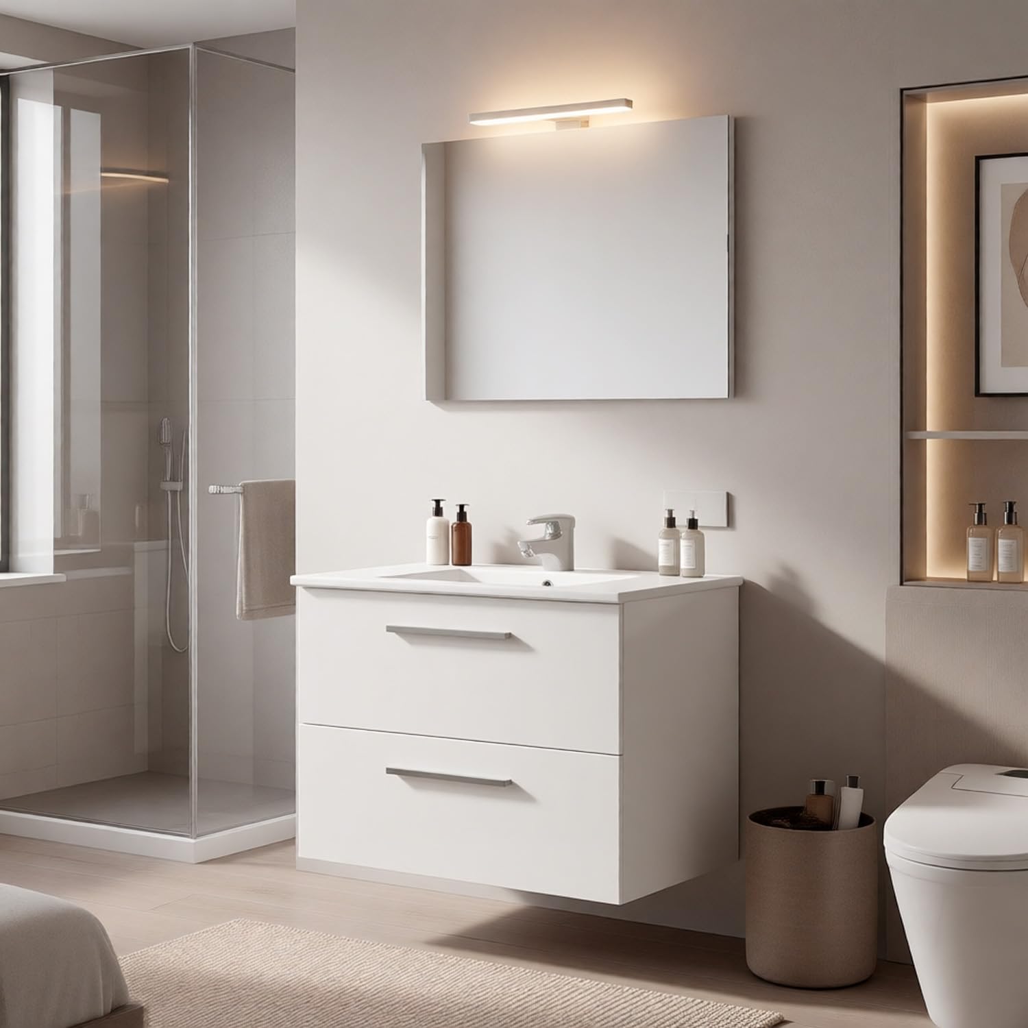 Bricozone Mobile Bagno Sospeso 80 Cm Con Lavabo In Ceramica Specchio E Led Da 45 Cm Bianco 2 Cassetti Chiusura Assistita Per Arredo Bagno Contemporaneo (Mobile Lavabo e Specchio con Led da 45 Cm)