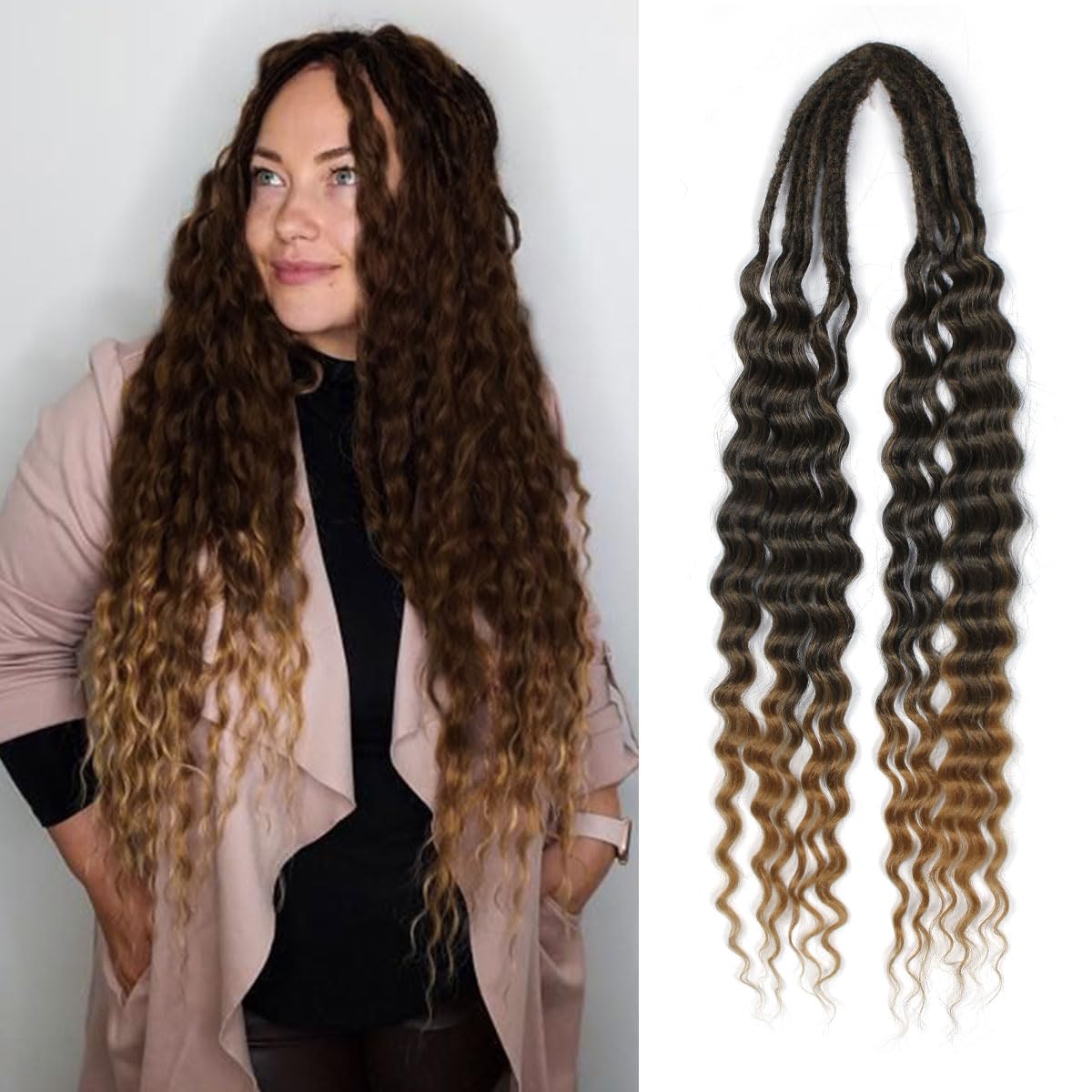Lounoke 24 In Curly Dreadlock Extensions, 10 Strands Ombre Brown Synthetic Double Ended Dreads Extensions, 100% Handmade Dreads Hippie Style